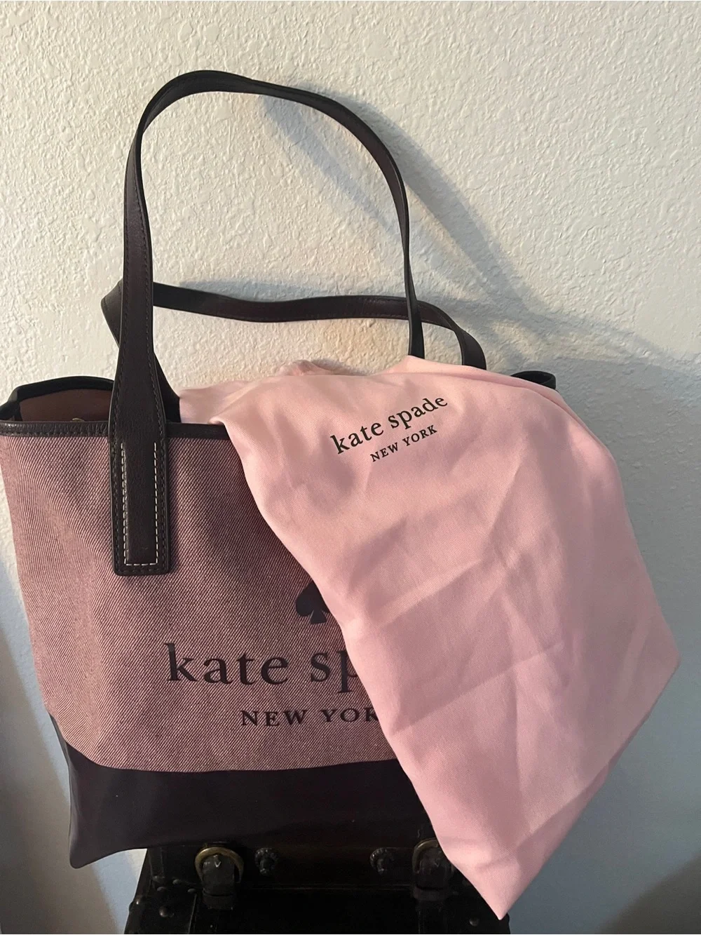 Kate Spade Pink Canvas Tote Bag with Dark Brown Trim with Dustbag